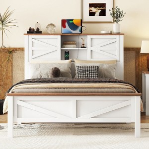 NicBex Full/Queen Farmhouse Bed Frame with Move Storage Headboard,Platform Bed with Charging Station,No Box Spring Needed,White/Gray - 1 of 4