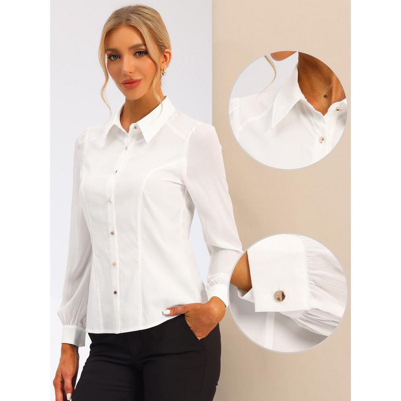 Allegra K Women's Chiffon Long Sleeve Collared Fitted Botton Down Work Office Blouse, 2 of 7