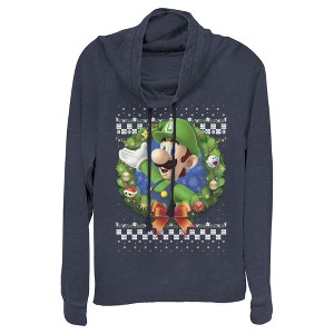 Juniors Womens Nintendo Christmas Luigi Wreath Cowl Neck Sweatshirt - 1 of 3