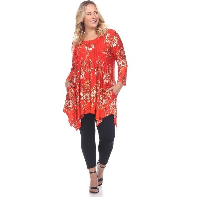 Women's Plus Size Paisley Scoop Neck Tunic Top with Pockets - White Mark