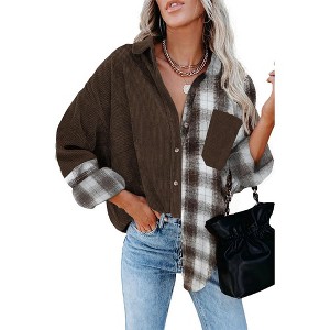 Womens Shacket Contrast Patchwork Corduroy Shirt Long Sleeve Button Down Shirts Oversized Blouses Tops Jacket Dark Brown XL - 1 of 4