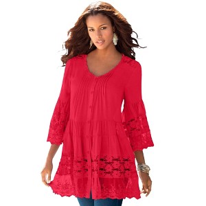 Roaman's Women's Plus Size Illusion Lace Big Shirt - 1 of 4
