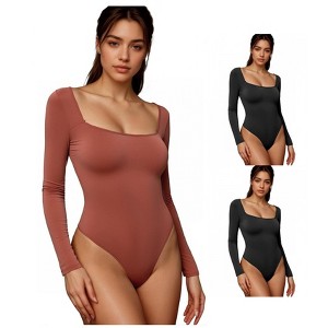 INSPIRE CHIC 3 Packs Women's Long Sleeve Bodysuit Slim Fit Square Neck Tummy Control Brief Leotard - 1 of 4