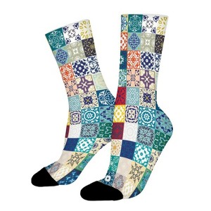 Colorful Moroccan Mediterranean Square Tiles Women Printed Crew Socks Funny Funky Socks Soft Polyester Novelty Gifts for Artists Men - 1 of 4