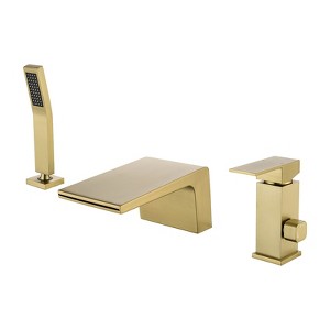 Cobbe Brushed Gold Bathtub Faucet Set with 3.5-Inch Wide Waterfall Spout and Handheld Shower Single Handle 3-Hole Installation - 1 of 4