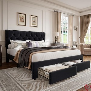 Full Size /King Size Bed Frame with 2 Storage Drawers Vintage Velvet Headboard Bedframe with upholstered Platform No Box Spring Needed - 1 of 4