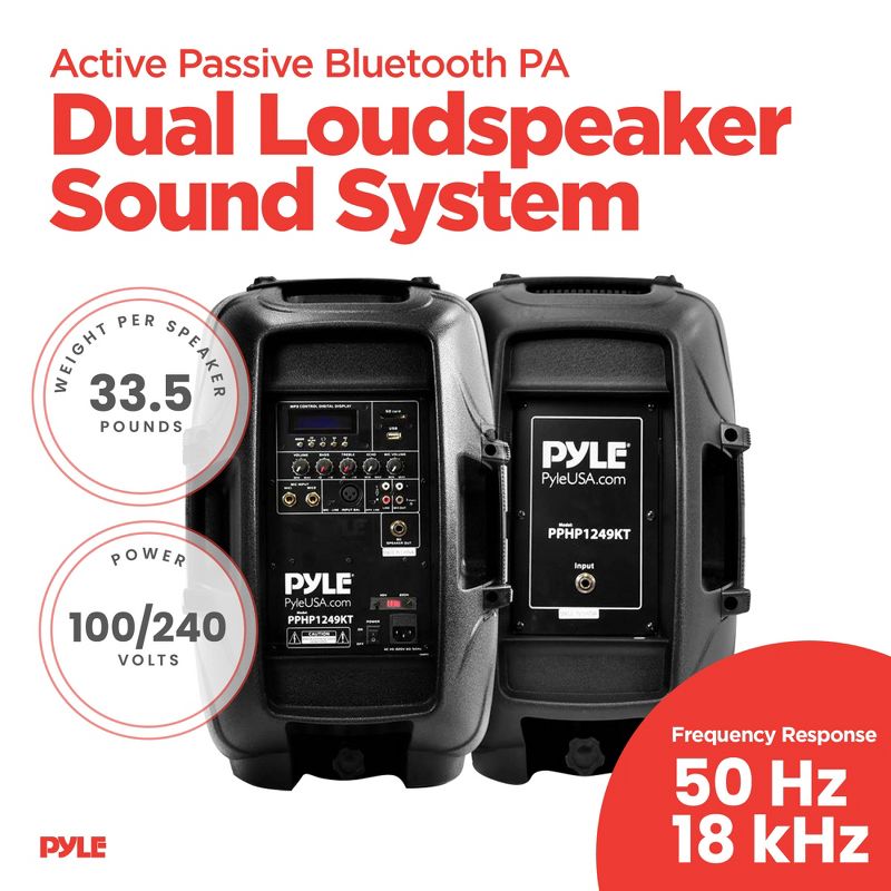 Pyle 12 Inch Active Passive Portable Bluetooth Wireless PA Dual Loudspeaker Sound System Kit with Wired Microphones, Speaker Stand, and Remote Control, 3 of 7