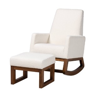 2pc Yashiya Boucle Upholstered and Wood Rocking Chairs and Ottoman Set Off White/Walnut Brown - Baxton Studio - 1 of 4