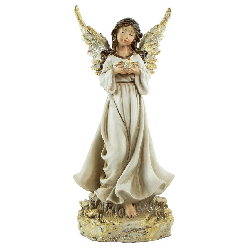 Northlight 12.5" Angel with Dove Outdoor Patio Garden Statue - White/Gold, 1 of 6