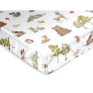 Sweet Jojo Designs Boy Girl Gender Neutral Unisex Satin Fitted Crib Sheet Watercolor Woodland Forest Animals Orange Green and Brown - 1 of 4