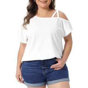 Women's Plus Size Criss Cross Off One Shoulder Short Sleeve Boat Neck Summer Casual Blouses - Agnes Orinda - 1 of 4