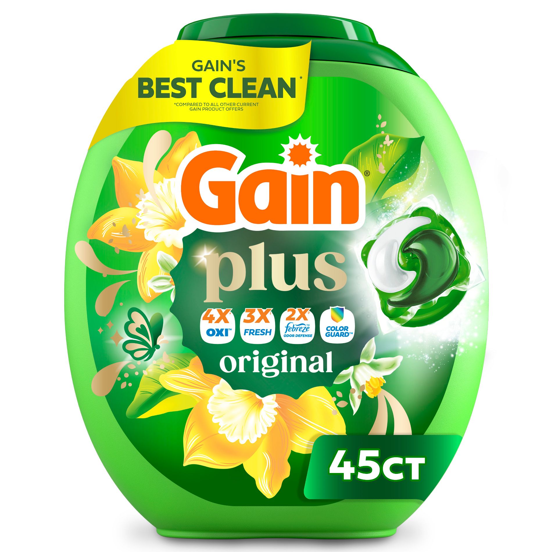 Gain Original Super Flings Plus Laundry Detergents - 45ct: Plastic Tub, Odor Control, Paraben-Free, Child-Resistant Packaging