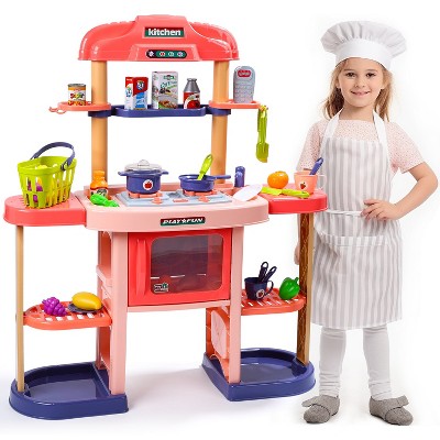 Skirfy Kids Play Kitchen, Large Kitchen Set with Shelf, Play Food, Spray Stove, Oven, Real Sounds and Lightweight Cooking Playset, Pink