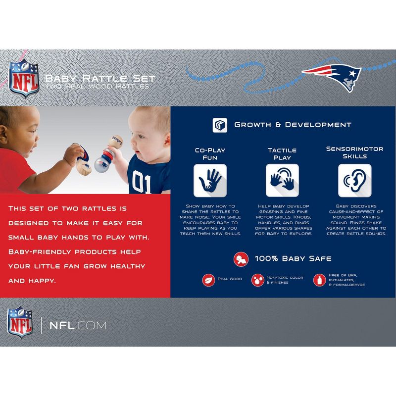 Baby Fanatic Wood Rattle 2 Pack - NFL New England Patriots Baby Toy Set, 3 of 5