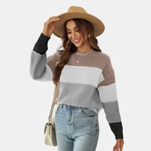 Women's Long Sleeve Colorblock Knit Round Neck Sweater-Cupshe - 1 of 4