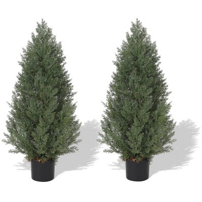 3 FT Artificial Cedar Topiary Trees, 8 Modes, 2 Pack Outdoor UV Resistant Fake Plants with Pot, Home Porch Decor, Green