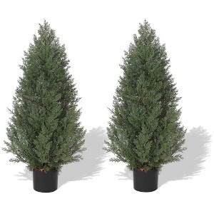 3 FT Artificial Cedar Topiary Trees, 8 Modes, 2 Pack Outdoor UV Resistant Fake Plants with Pot, Home Porch Decor, Green - 1 of 4