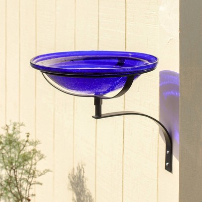 Cobalt Blue Crackle Glass Wall-Mounted Birdbath with Iron Bracket