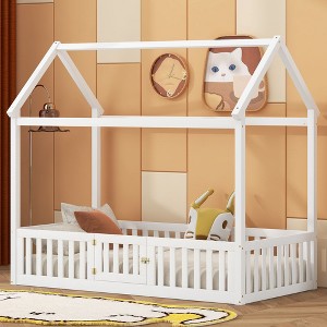 NicBex Twin Size Platform Bed 78.1" L Modern House-Shaped Pine Bed Frame with Roof and Guardrail with Door for Bedroom, No Box Spring Required - 1 of 4