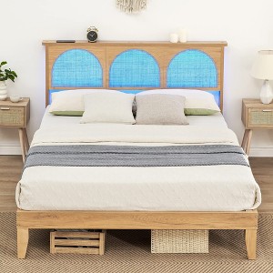 Rattan Full Bed Frame with Headboard, Boho Bed Frame with Wooden Support Legs, Wood Platform Bed Frame with Led Lights - 1 of 4