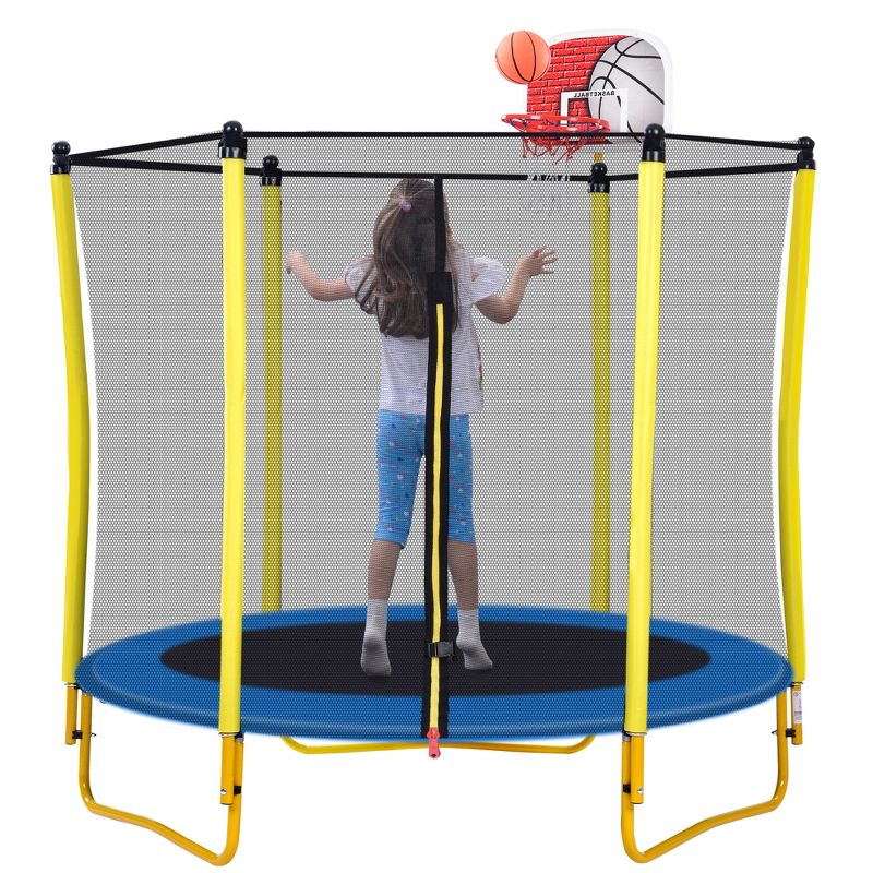 5.5 FT Kids Outdoor and Indoor Trampoline with Playpen, Basketball Hoop and Ball - ModernLuxe, 5 of 10
