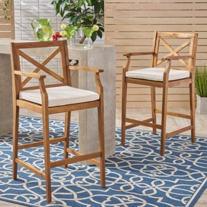 Coolbibila Outdoor Wood Height Bar stools Set of 2,Patio Waterproof Fabric Upholstered Armrest Bar Stool,Garden X-Back Bar Stool with Arms - 1 of 4