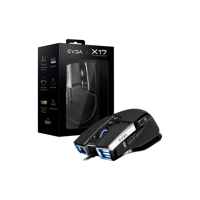 EVGA X17 Wired Customizable Gaming Mouse - USB Cable Interface - 16000 dpi movement resolution - 10 Total Buttons - 5 Customizable on board profiles, 1 of 7