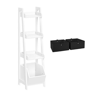 RiverRidge Amery 4-Tier 13in Ladder Shelf with Display Shelf and Storage Organizer Bin - White with 2 5in Fabric Bins