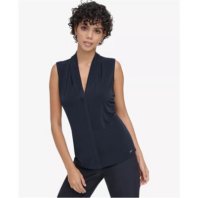 Calvin Klein Womens Pleated Sleeveless Blouse Top, Black, Medium