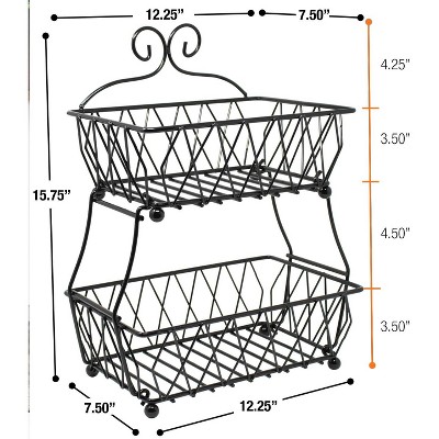 Black Metal 2-Tier Rectangular Fruit Basket Stand