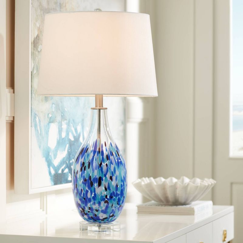 360 Lighting Marnie Modern Coastal Table Lamp 28" Tall Blue Art Glass White Fabric Drum Shade for Bedroom Living Room Bedside Nightstand Office House, 2 of 10