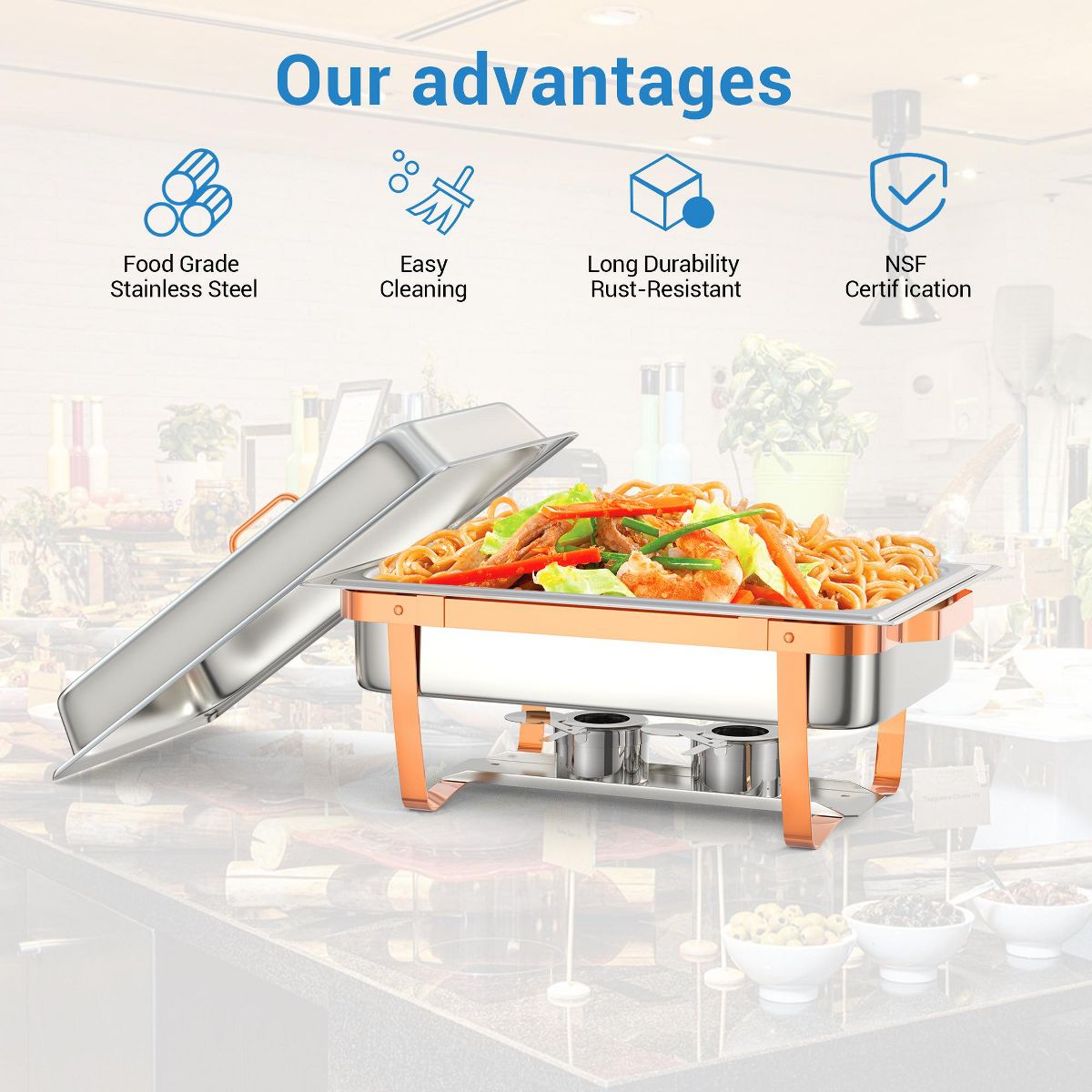 5QT/8QT Stainless Steel Chafing Dish, 2pcs Rose Gold Rectangular/Round Buffet Food Warmers, Ideal for Catering, Weddings, Parties - thumbnail 2