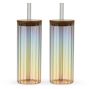 Twine Ribbed Glass Tumbler with Straw and Lid, Iced Coffee Glass or Drinking Glass, 16oz Ribbed Glassware Rainbow Luster Set of 2 - 1 of 4