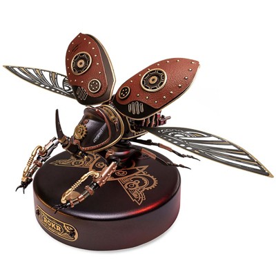 robotime 3D Puzzle Rhinoceros Beetle DIY Moveable Mechanic Organism Series Steampunk Design Funny Toys for Kids Model Kit, Brown, 4.6"*3.8"*7.5"