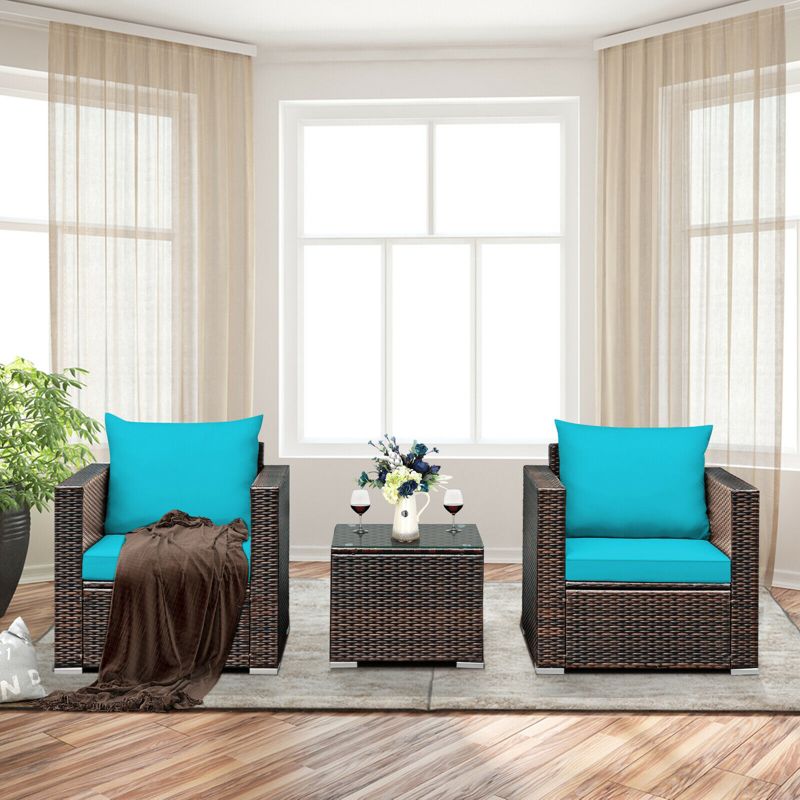 Costway 3PCS Patio Rattan Furniture Set Conversation Sofa Cushioned Turquoise\Red, 5 of 11
