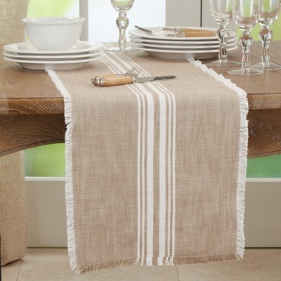 Beige Cotton Striped Fringe Table Runner, 13 x 72 inches