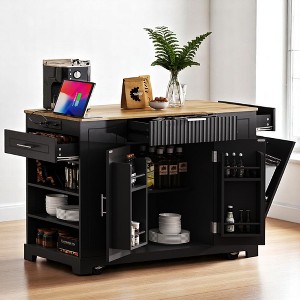 Fluted Kitchen Island Cart Cabinet, USB & Type-C Ports, 3 Drawers, Rubber Wood Top, Rolling Storage Cabinet,Kitchen and Dining Cabinets - 1 of 4