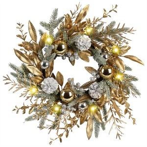 20" Christmas Wreaths for Front Door, Xmas Wreath with Lights,Pine Cones,Christmas Balls,Flowers, Wreath for Wall Fireplace Home Decor Indoor Outdoor - 1 of 4