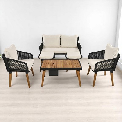 6-Piece Outdoor Wicker Sofa Set with Unique Rope Weaving, Acacia Wood Coffee Table with Ice Bucket, and Ottomans
