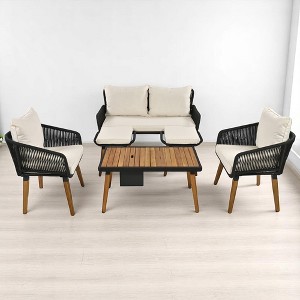 6-Piece Outdoor Wicker Sofa Set with Unique Rope Weaving, Acacia Wood Coffee Table with Ice Bucket, and Ottomans - 1 of 4