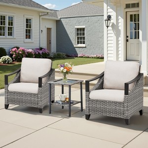 Buenhomino 3 PCS Patio Furniture Set with Cushioned Wicker Chairs and Tempered Glass Side Table - 1 of 4