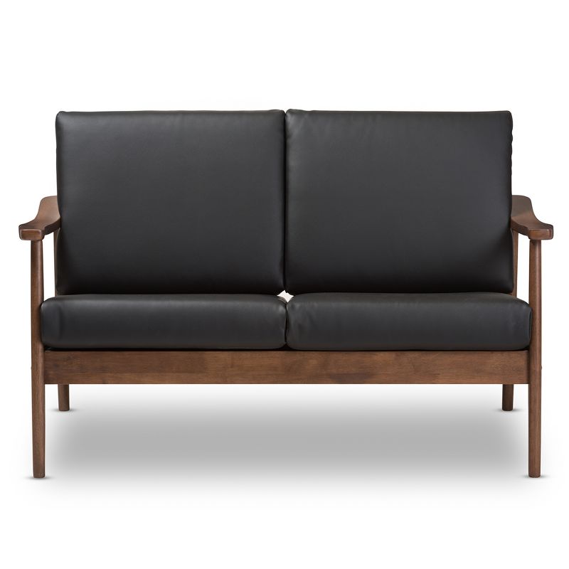 Venza Mid-Modern Walnut Wood Faux Leather 2 Seater Loveseat Black - Baxton Studio, 3 of 11