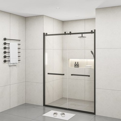 Semi-Frameless Double Sliding Shower Glass Door, 60‘ W x 76’ H, 3/8’ (10 mm) Matte Black Finish