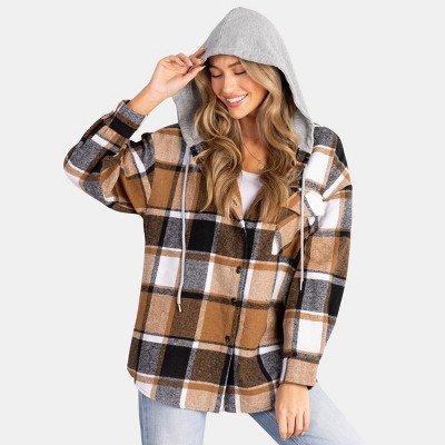 Women's Plaid Drawstring Hooded Jacket - Cupshe