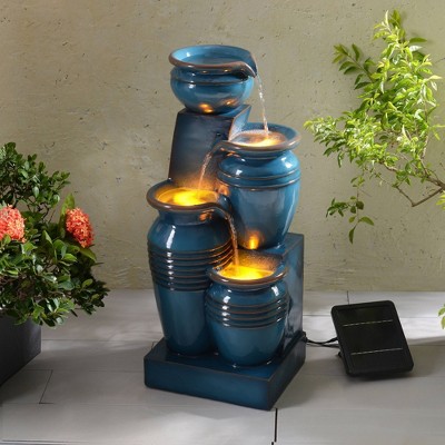 Teal Blue Polyresin 4-Tier Solar Powered Water Fountain with LED Lights
