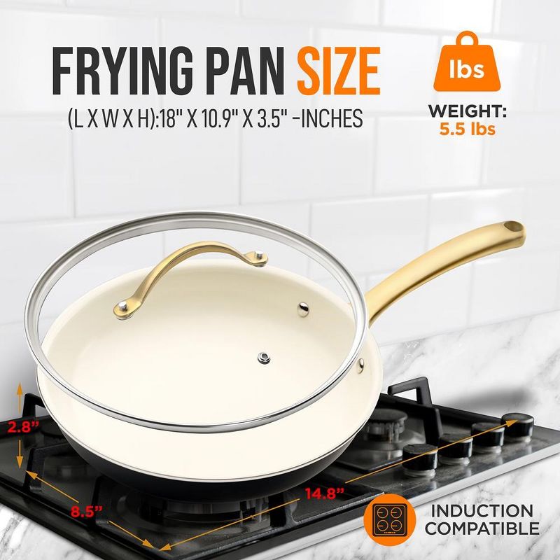 NutriChef 10” Fry Pan With Lid - Medium Skillet Nonstick Frying Pan with Golden Titanium Coated Silicone Handle, 2 of 4