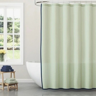 LunaLulinlk Beautiful Skinny Stripe Sage Green + Nightshadow Blue Shower Curtain