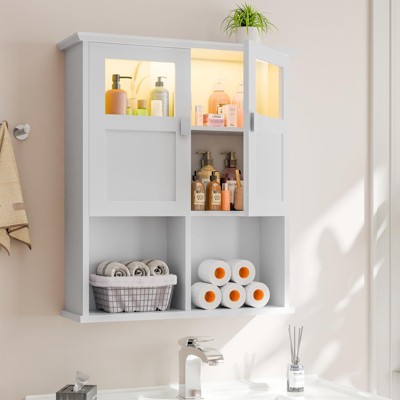 White Wall Cabinet with Motion Sensor LED Light and Adjustable Shelf, Wooden Medicine Cabinet