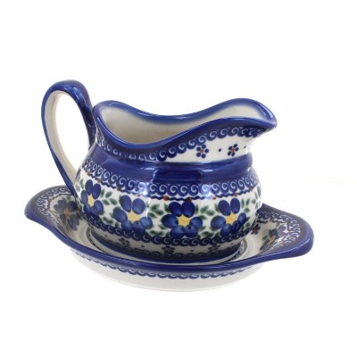 Blue Rose Polish Pottery Spring Blossom Gravy Boat & Plate