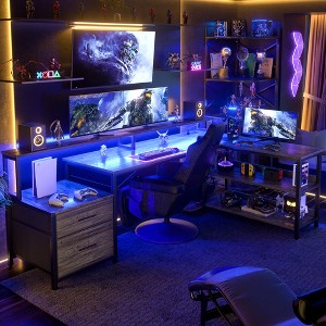 Besiost 66"-73" Reversible L-Shaped Desk with Charging Station, Home Office Computer Desk with LED Lights & Drawers - 1 of 4